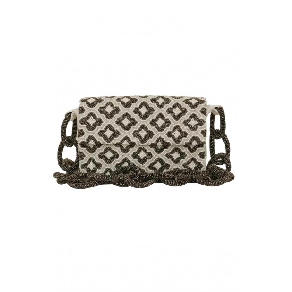 NEW TIANA DESIGNS women's beaded chain link shoulder bag in ivory/pewter clover